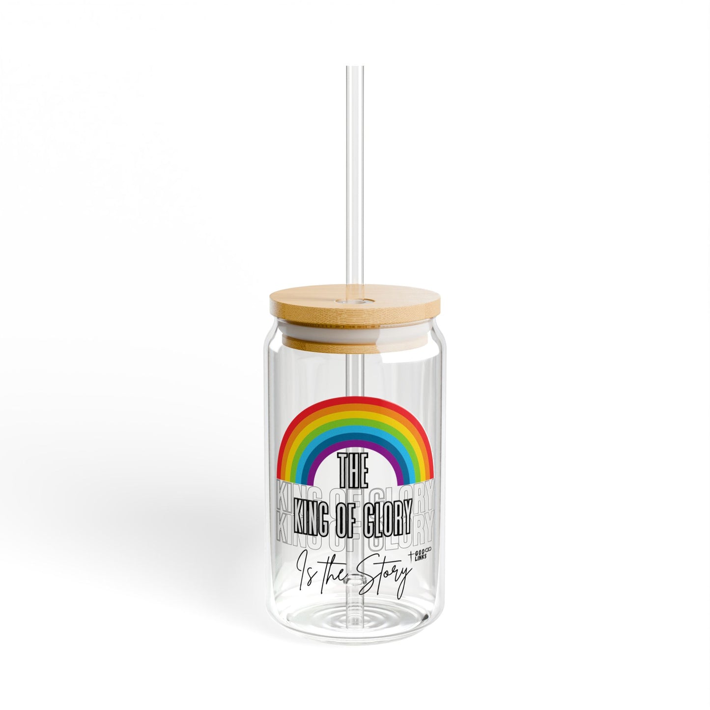 God Links Rainbow Glass Sipper - 16oz with Wooden Lid & Straw - Perfect for Drinks & Gifts