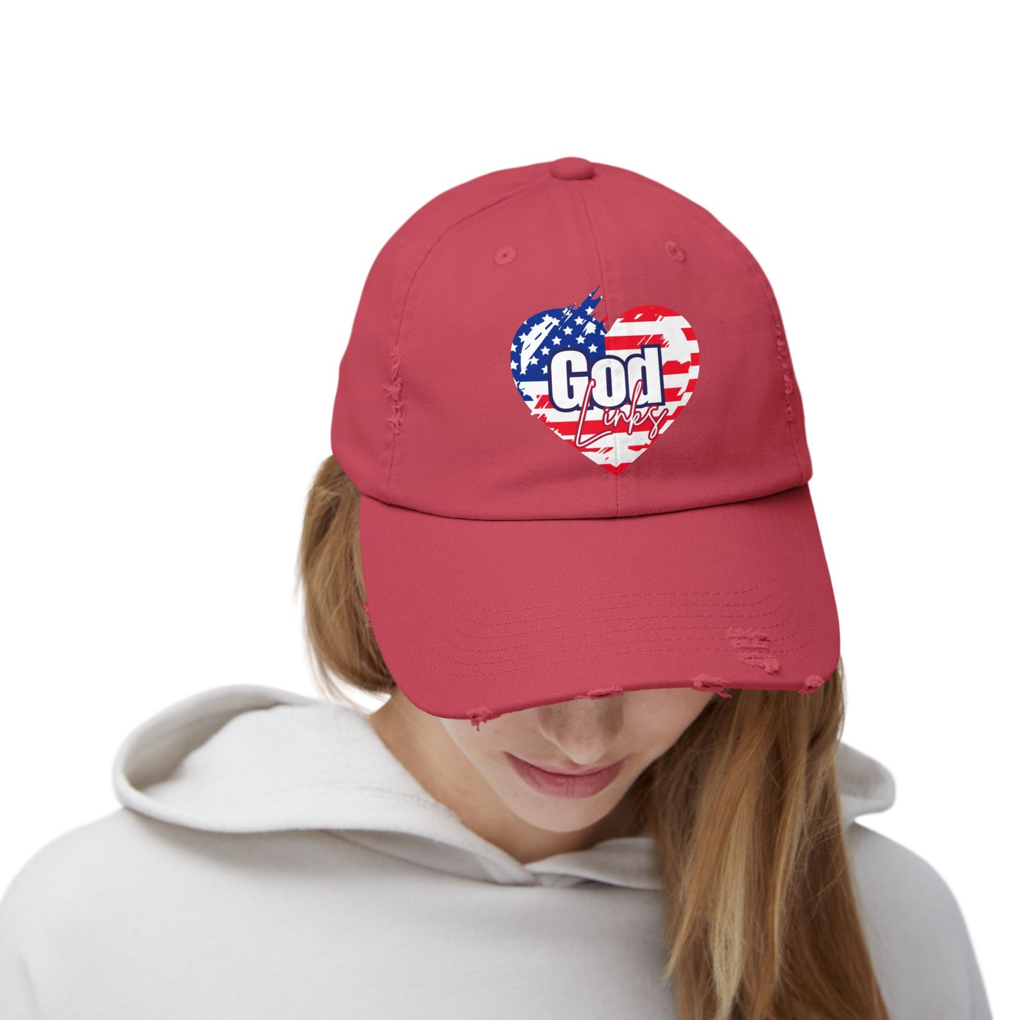Patriotic Distressed Cap - God Links America Red White & Blue Heart