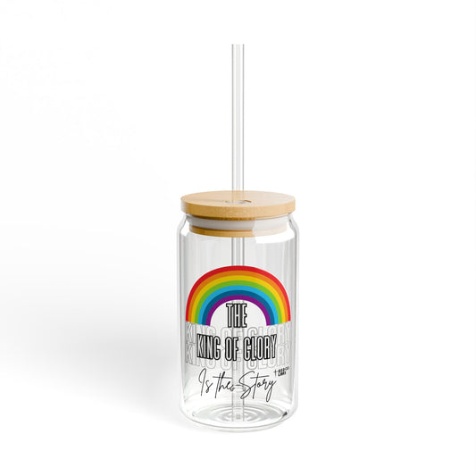God Links Rainbow Glass Sipper - 16oz with Wooden Lid & Straw - Perfect for Drinks & Gifts
