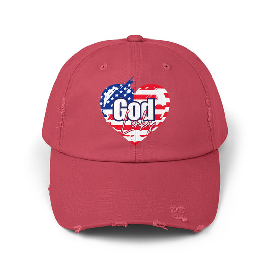 Patriotic Distressed Cap - God Links America Red White & Blue Heart