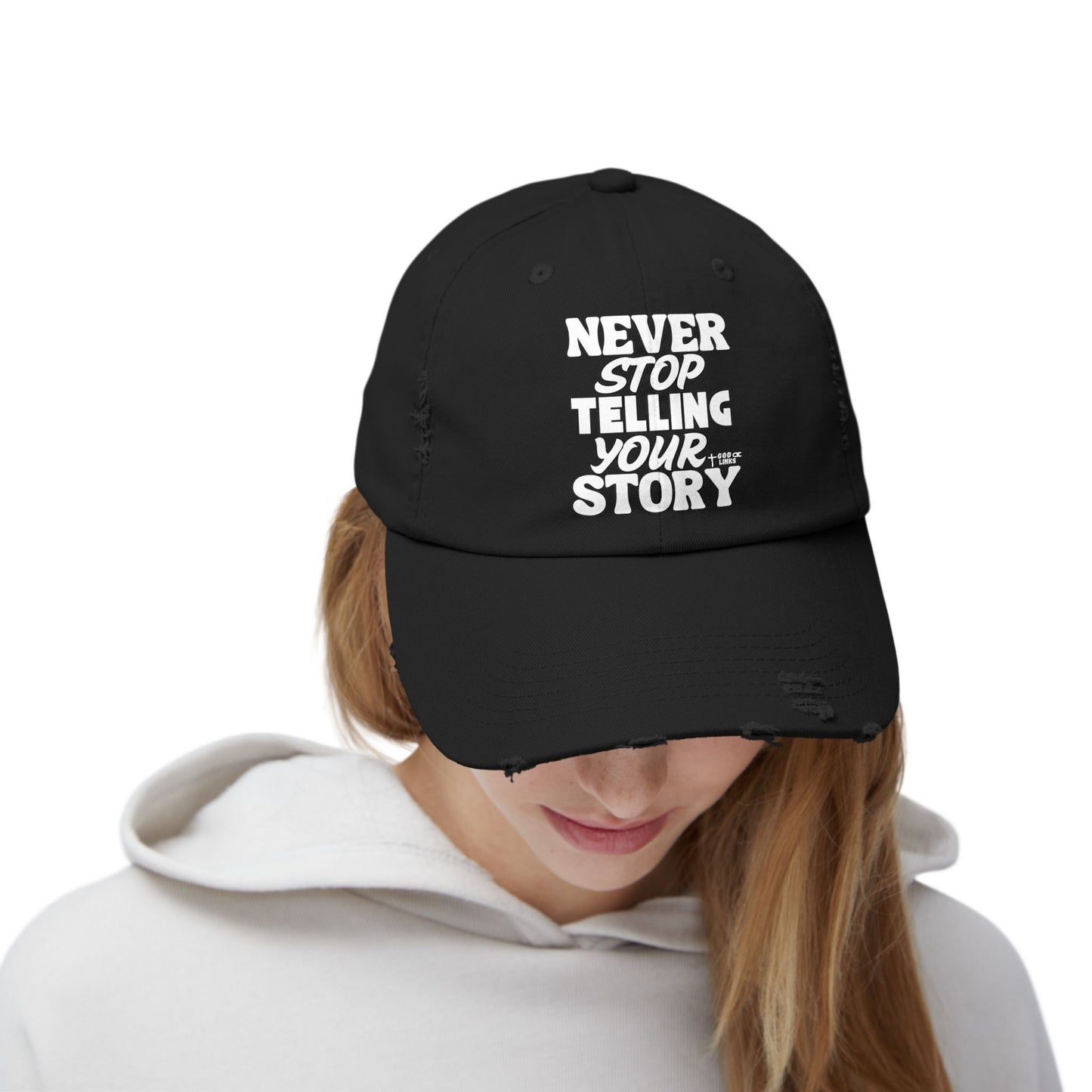 Unisex Distressed Cap -Never Stop Telling Your Story, Perfect for Gifts and Casual Wear, Never Stop Telling Your Story, [...]